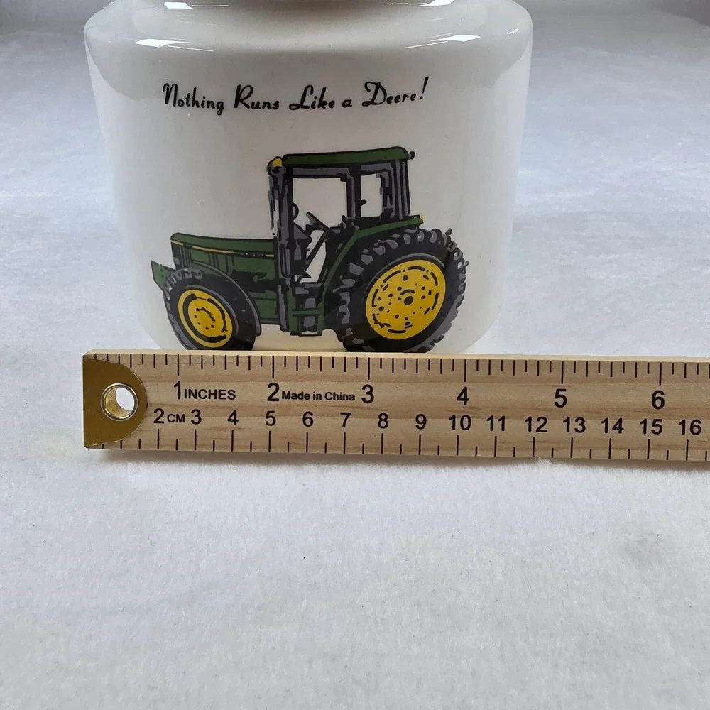 John Deere Gibson Ceramic CookieJar Nothing Runs Like a Deere Tractor WhiteGreen